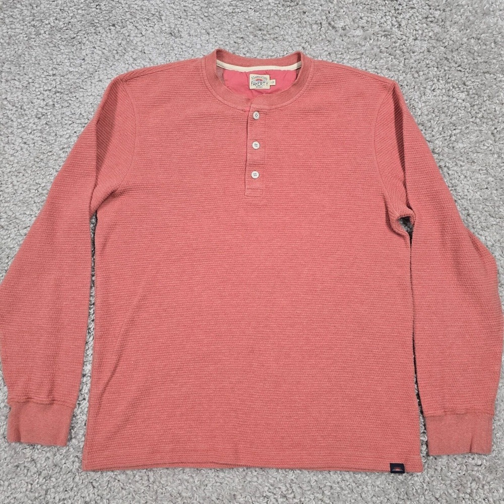 Faherty Henley Shirt Mens Large Pink Long Sleeve Waffle Knit‎ Coastal Casual